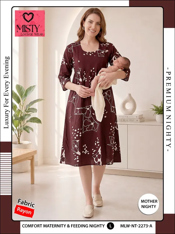 Maroon_Rayon_Three-Quarter_Sleeve_Maternity_Nighty_For_Women