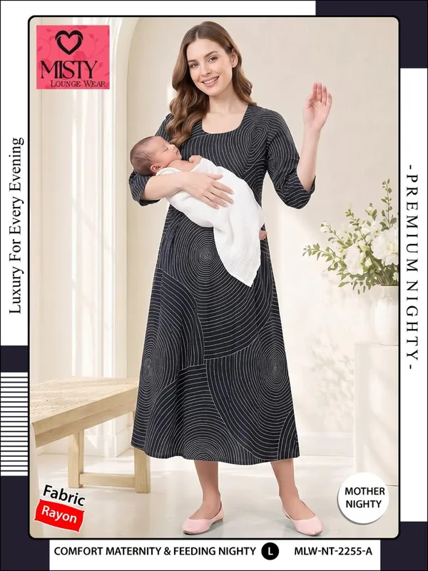 Black_Rayon_Three-Quarter_Sleeve_Maternity_Feeding_Nighty_For_Women