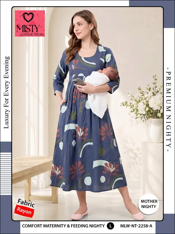 Blue_Rayon_Flared_Maternity_Feeding_Nighty_For_Women