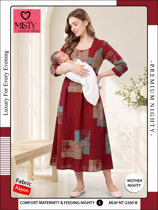 Maroon_Rayon_Three-Quarter_Sleeve_Maternity_Feeding_Nighty_For_Women