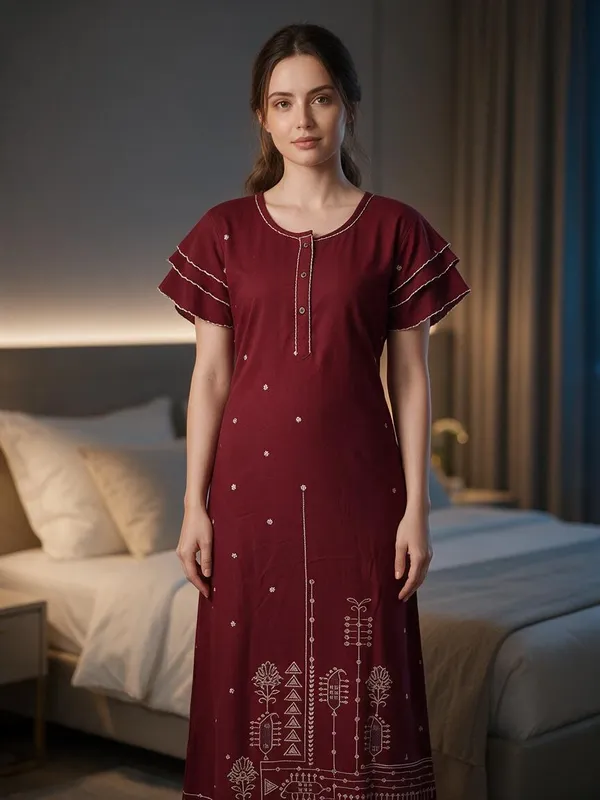 Maroon_Alpine_Flutter_Sleeve_Nightdress_For_Women