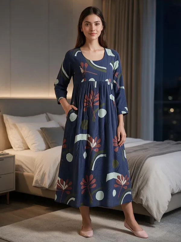 Blue_Rayon_Flared_Maternity_Feeding_Nighty_For_Women