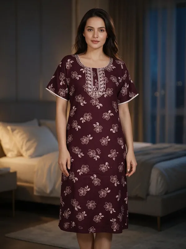 Maroon_Alpine_Short_Sleeve_Nightdress_For_Women