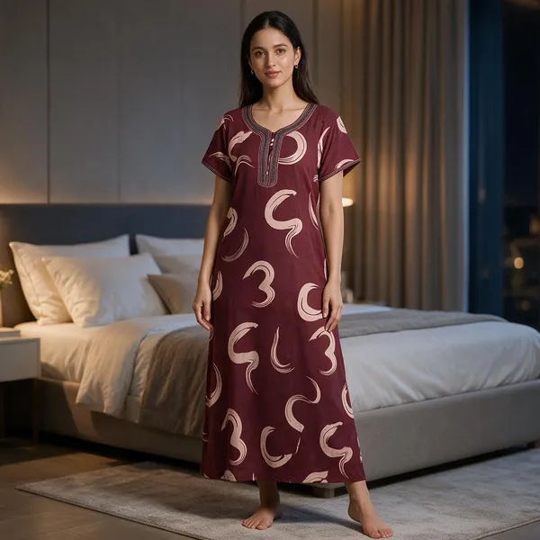 Maroon_Rayon_Short_Sleeve_Nightdress_For_Women