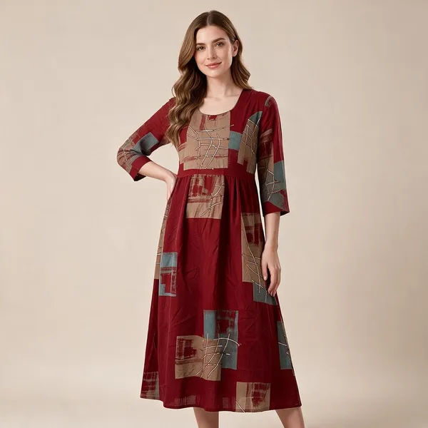 Maroon_Rayon_Three-Quarter_Sleeve_Maternity_Feeding_Nighty_For_Women