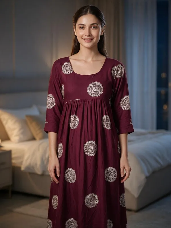 Maroon_Rayon_Relaxed_Fit_Maternity_Feeding_Nighty_For_Women
