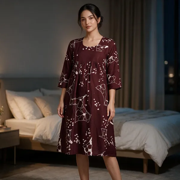 Maroon_Rayon_Three-Quarter_Sleeve_Maternity_Nighty_For_Women