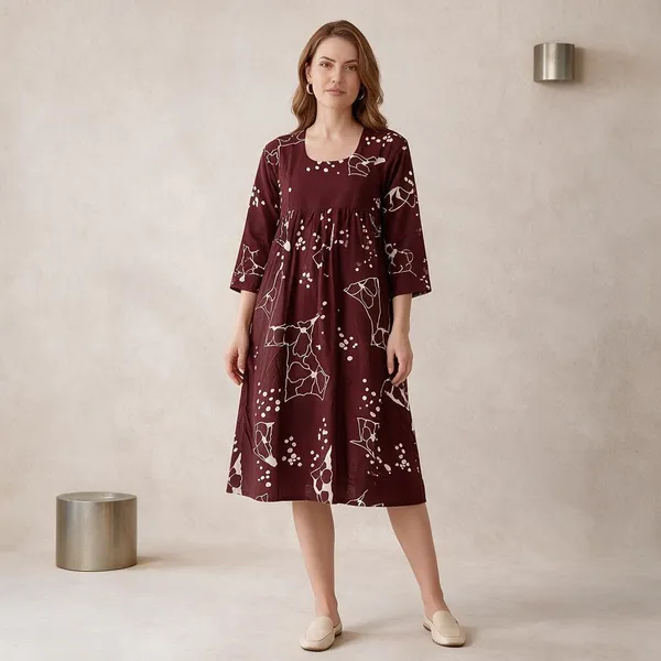 Maroon_Rayon_Three-Quarter_Sleeve_Maternity_Nighty_For_Women