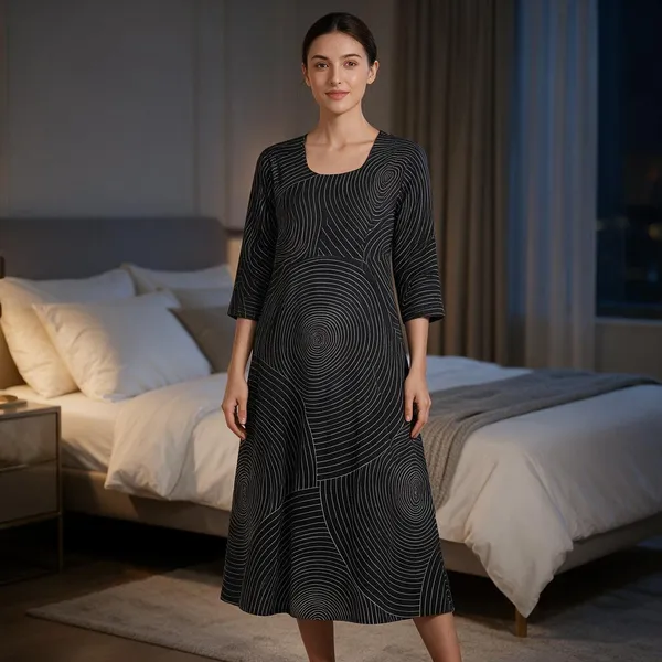 Black_Rayon_Three-Quarter_Sleeve_Maternity_Feeding_Nighty_For_Women