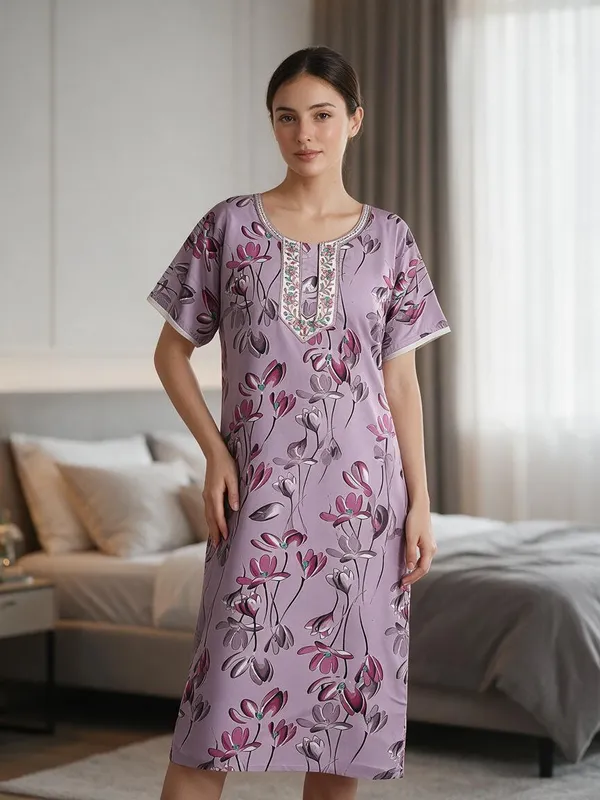 Purple_Polyester_Viscose_Short_Sleeve_Nightdress_For_Women