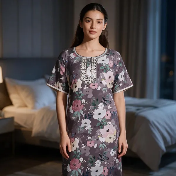 Grey_Polyester_Viscose_Short_Sleeve_Nightdress_For_Women
