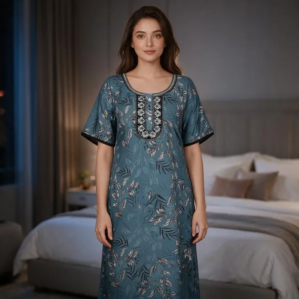Blue_Polyester_Viscose_Short_Sleeve_Nighty_For_Women