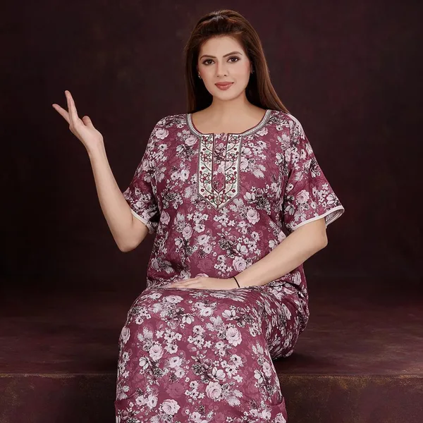 Maroon_Polyester_Viscose_Short_Sleeve_Nighty_For_Women