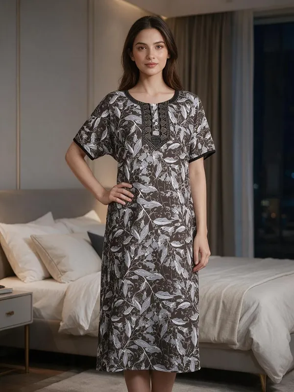 Grey_Polyester_Viscose_Loose_Fit_Nightdress_For_Women