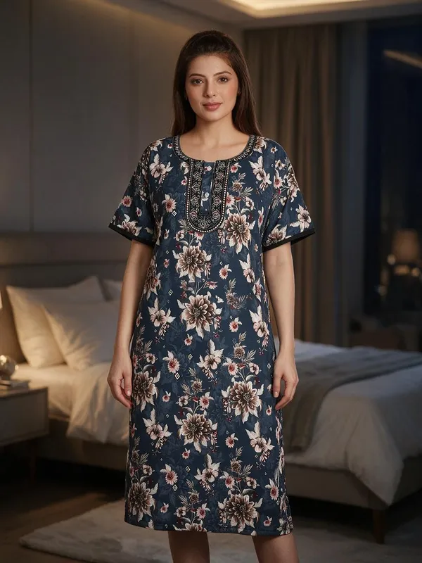Blue_Polyester_Viscose_Short_Sleeve_Nightdress_For_Women