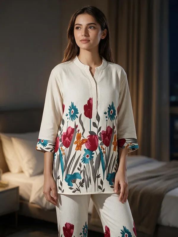 White_Khadi_Floral_Co-Ord_Set_For_Women