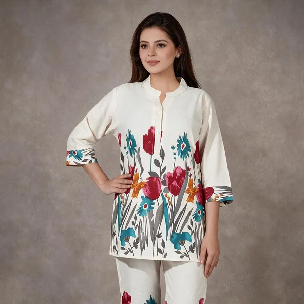 White_Khadi_Floral_Co-Ord_Set_For_Women