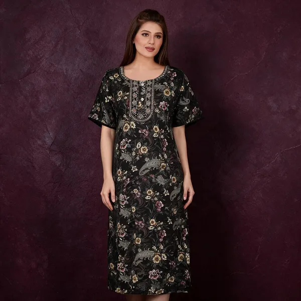 Black_Polyester_Viscose_Nighty_For_Women