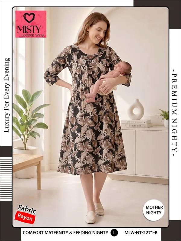 Black_Rayon_Three-Quarter_Sleeve_Maternity_Nighty_For_Women