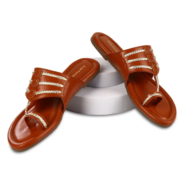 Brown_Pu_Embellished_Flat_Sandals_For_Women