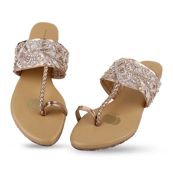 Tan_Fabric_Paisley_Embellished_Flat_Sandals_For_Women