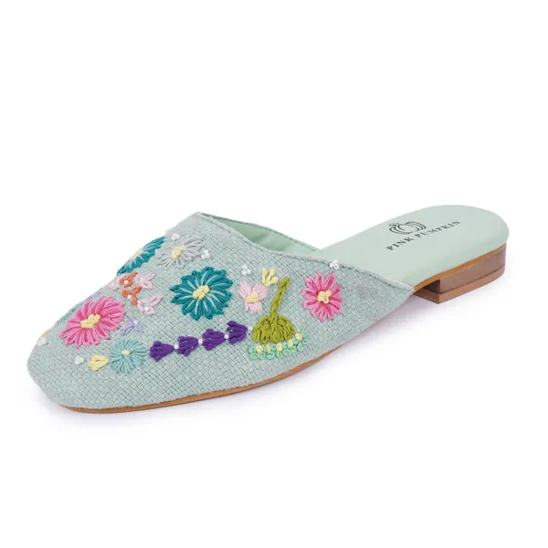 Pista_Green_Fabric_Floral_Hand_Embroidered_Flat_Mules_For_Women