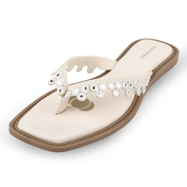 Cream_Fabric_Lace_Embellished_Flat_Sandals_For_Women