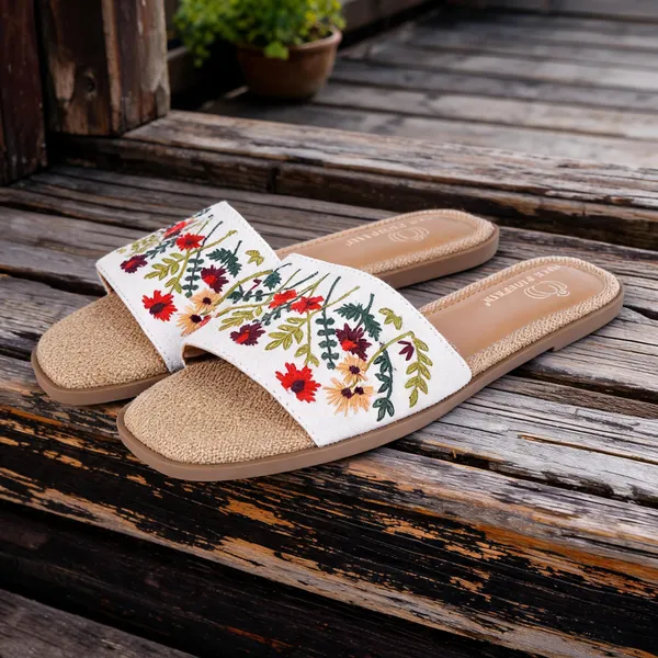 White_Fabric_Floral_Embroidered_Flat_Slide_Sandals_For_Women