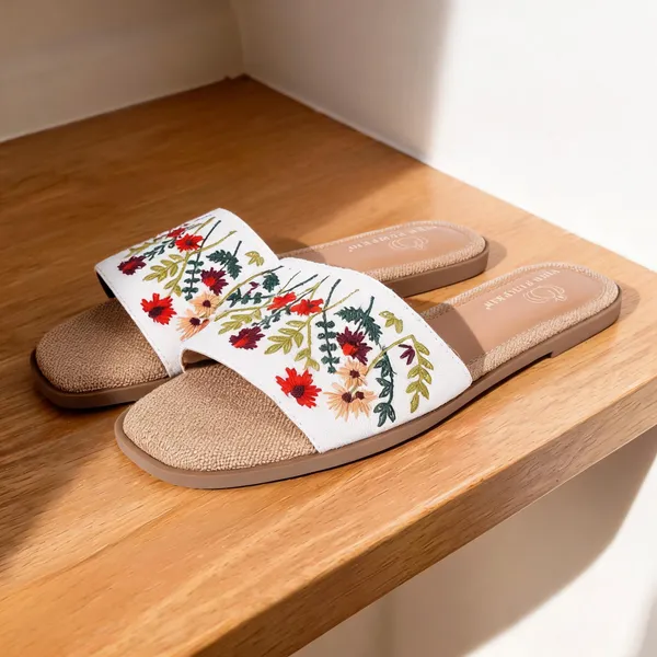 White_Fabric_Floral_Embroidered_Flat_Slide_Sandals_For_Women