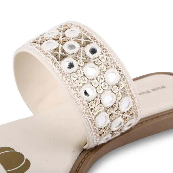 Cream_Fabric_Mirror_Work_Flat_Sandals_For_Women