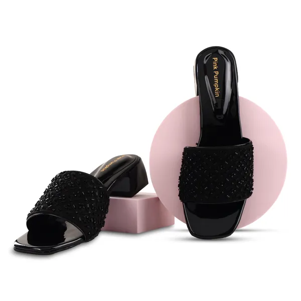Black_Fabric_Bead_Embellished_Flat_Slide_Sandals_For_Women