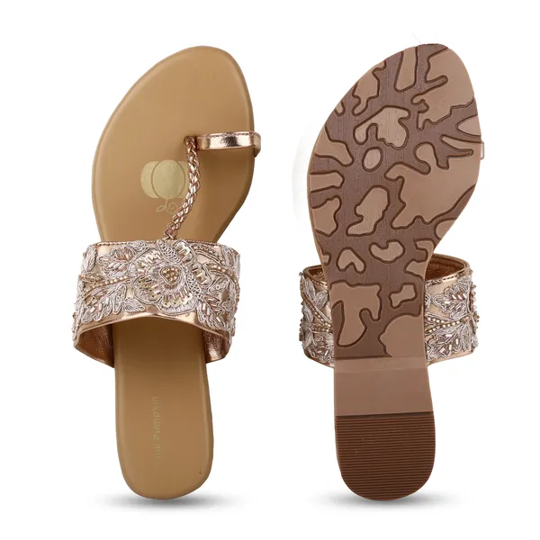 Tan_Fabric_Paisley_Embellished_Flat_Sandals_For_Women
