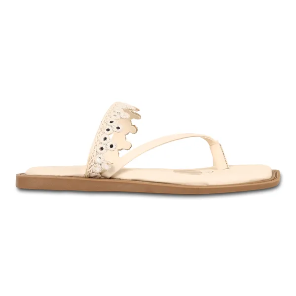 Cream_Fabric_Floral_Embellished_Flat_Sandals_For_Women
