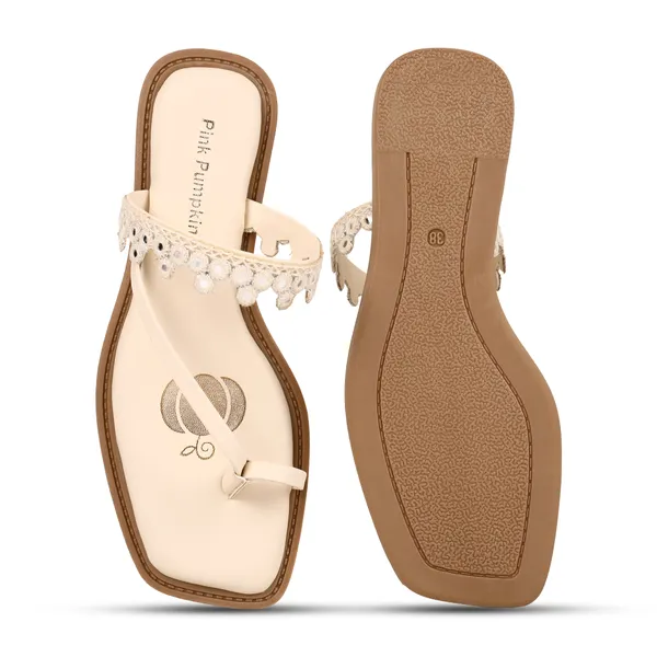 Cream_Fabric_Floral_Embellished_Flat_Sandals_For_Women