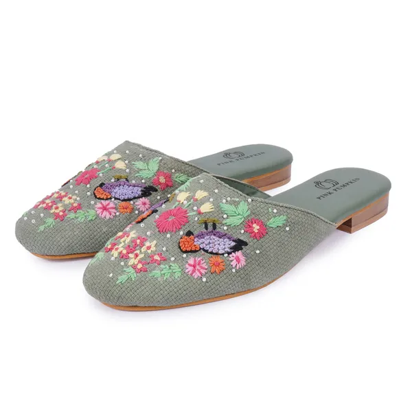 Green_Fabric_Floral_Hand_Embroidered_Slip-On_Mules_For_Women