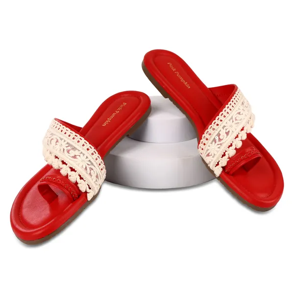 Red_Fabric_Embroidered_Flat_Sandals_For_Women