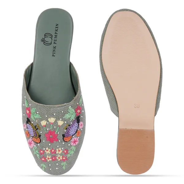 Green_Fabric_Floral_Hand_Embroidered_Slip-On_Mules_For_Women