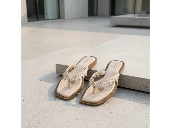 Cream_Fabric_Lace_Embellished_Flat_Sandals_For_Women