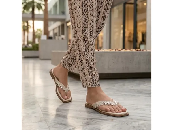 Cream_Fabric_Lace_Embellished_Flat_Sandals_For_Women