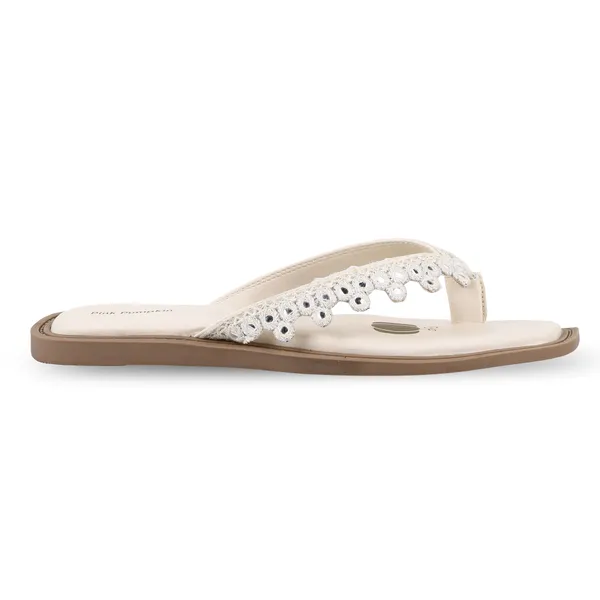 Cream_Fabric_Lace_Embellished_Flat_Sandals_For_Women