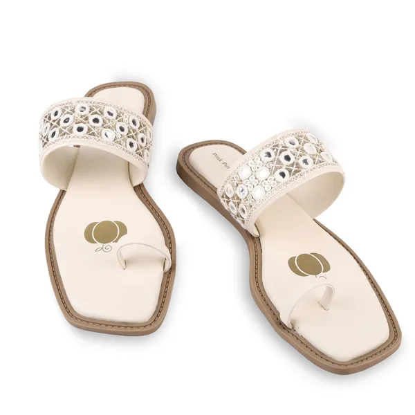 Cream_Fabric_Mirror_Work_Flat_Sandals_For_Women