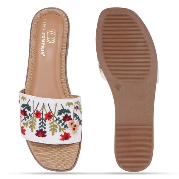 White_Fabric_Floral_Embroidered_Flat_Slide_Sandals_For_Women