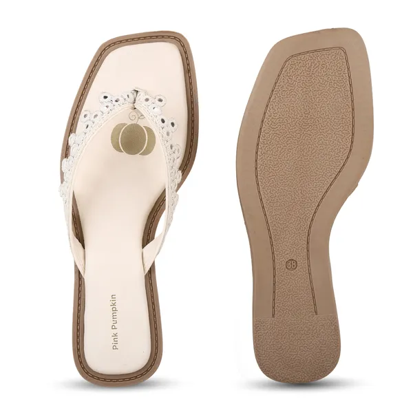 Cream_Fabric_Lace_Embellished_Flat_Sandals_For_Women