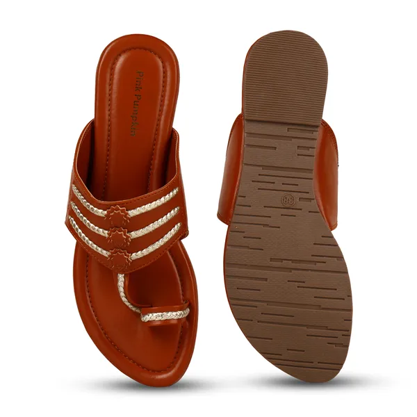 Brown_Pu_Embellished_Flat_Sandals_For_Women