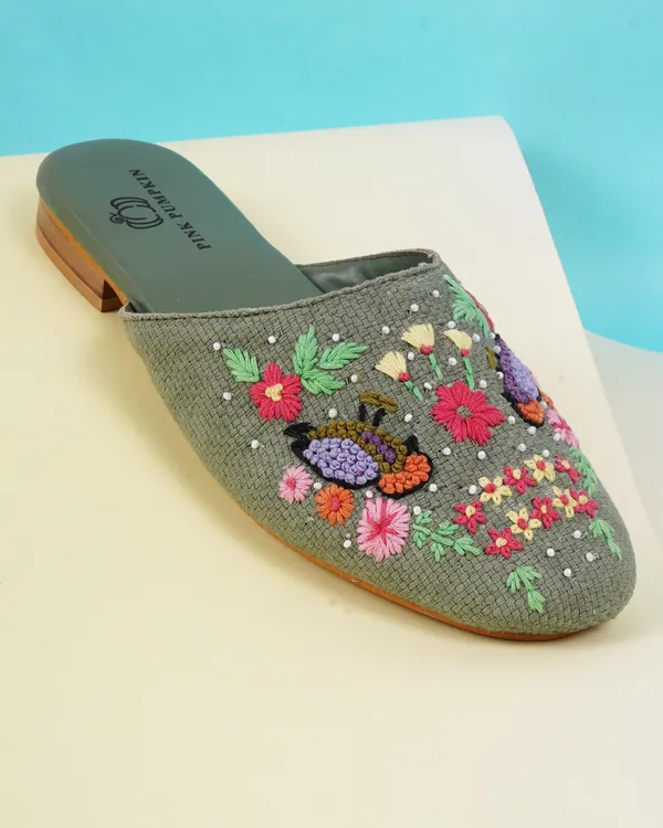 Green_Fabric_Floral_Hand_Embroidered_Slip-On_Mules_For_Women