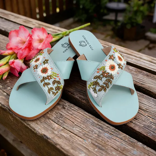 Pista_Green_Fabric_Floral_Hand_Embroidered_Flat_Sandals_For_Women