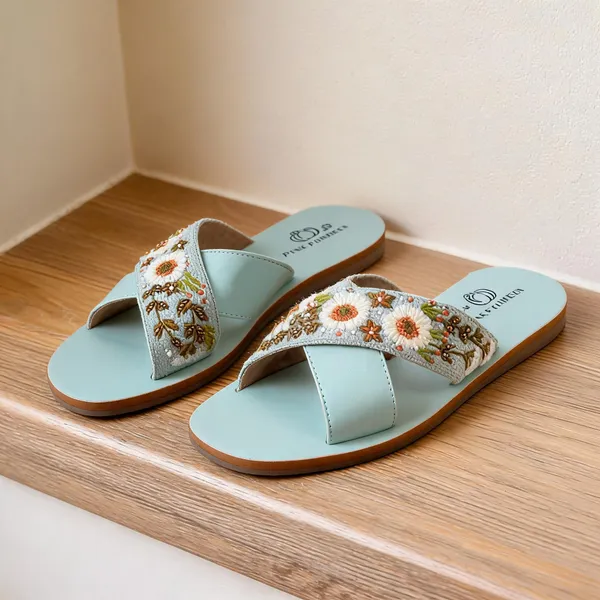 Pista_Green_Fabric_Floral_Hand_Embroidered_Flat_Sandals_For_Women