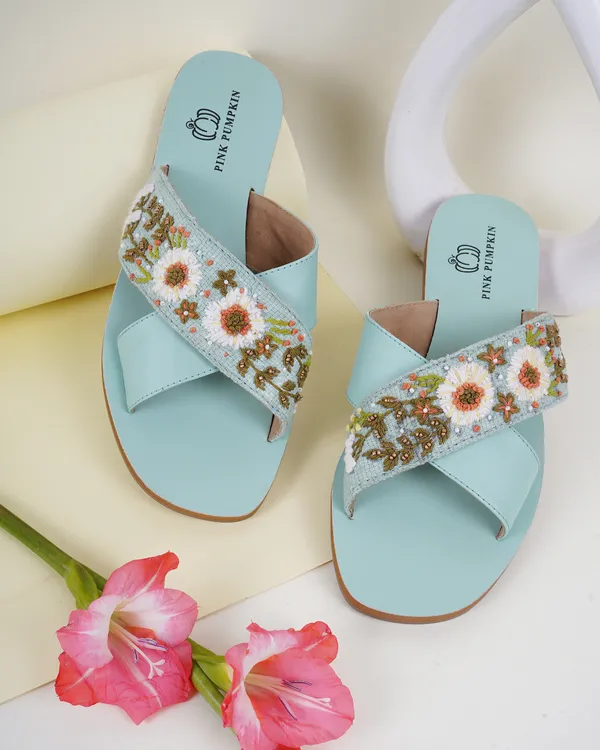 Pista_Green_Fabric_Floral_Hand_Embroidered_Flat_Sandals_For_Women