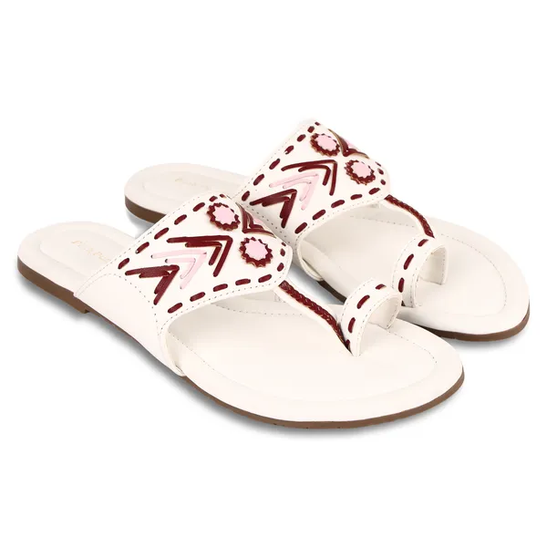 White_Fabric_Embellished_Flat_Sandals_For_Women