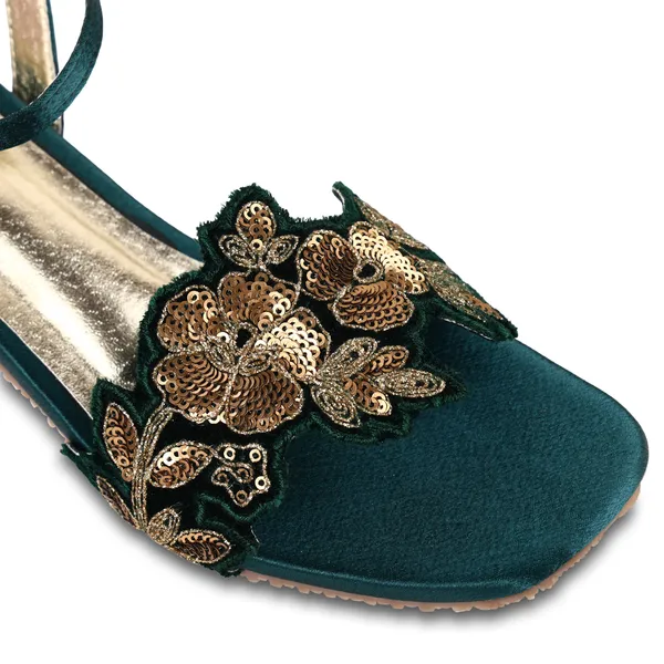 Green_Fabric_Sequin_Embellished_Flat_Sandals_For_Women